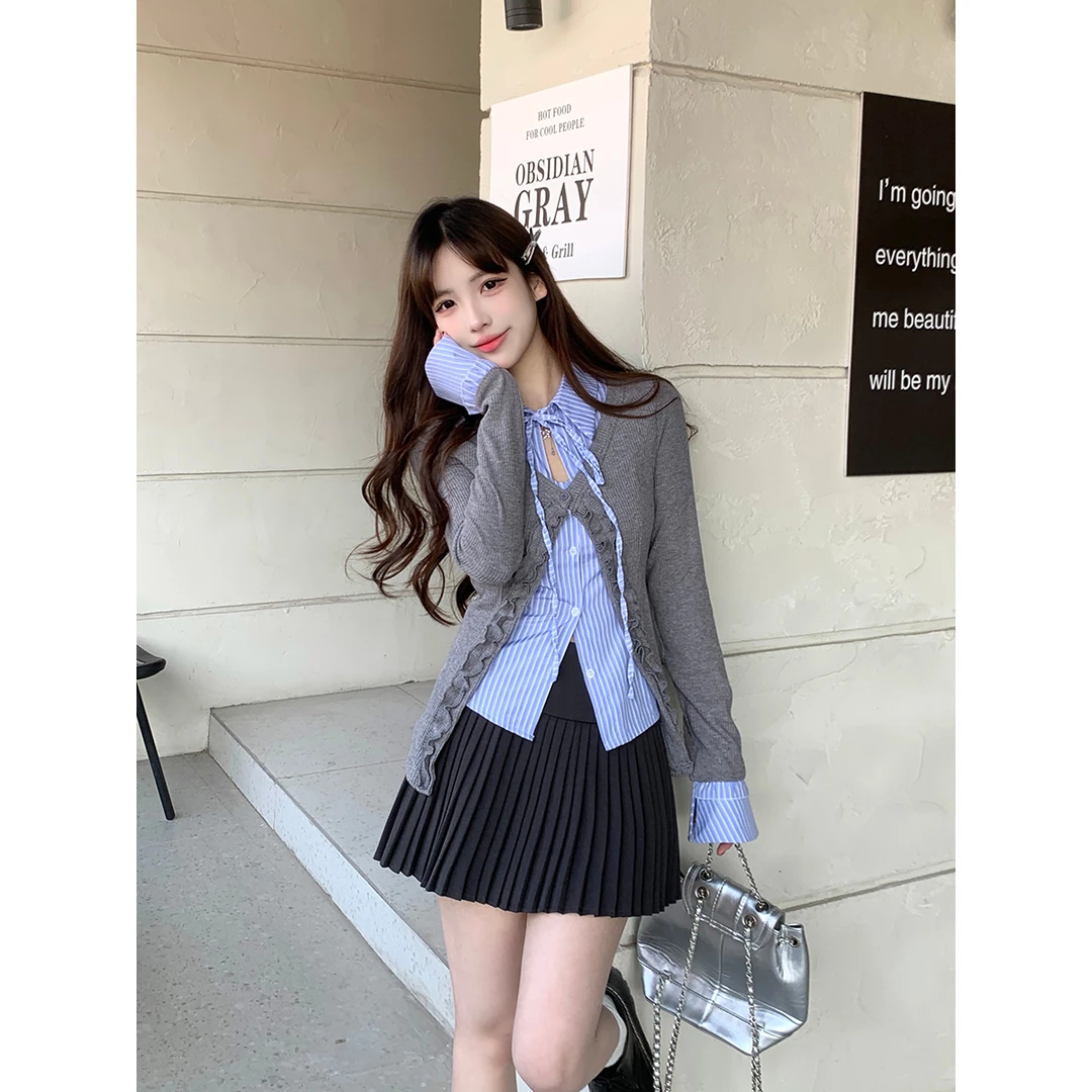 大码早春复古拼接学院风高腰百搭褶皱半身裙短裙