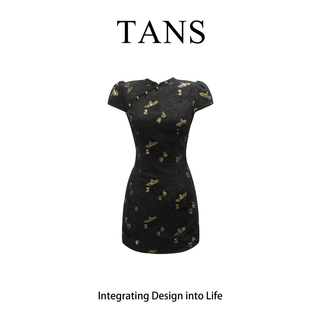 现货 TANS【夏季新品】新中式国风古法改良黑色旗袍连衣裙女夏季
