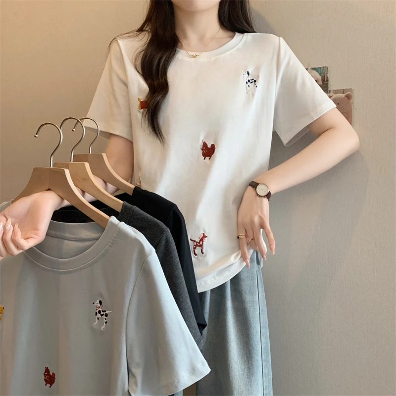 大码女装2025春夏季新款时尚休闲刺绣动物短袖上衣1723