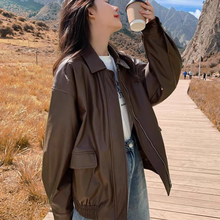 美式复古咖色PU皮衣外套美拉德2024新款女装甜酷风宽松机车夹克女
