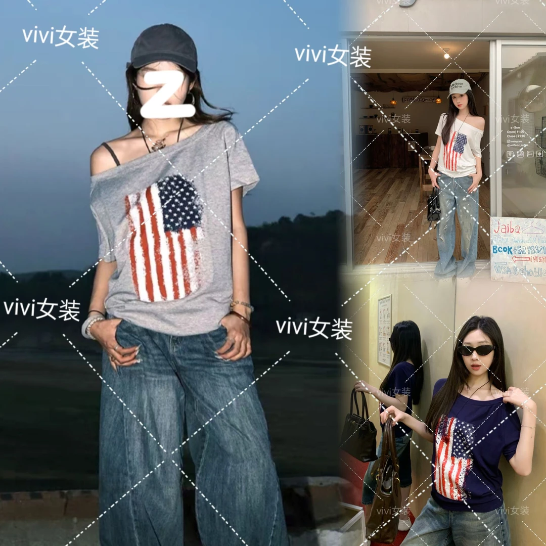 运补6-8 美式辣妹复古印花宽松斜肩 短袖T恤百搭慵懒风夏季上衣女
