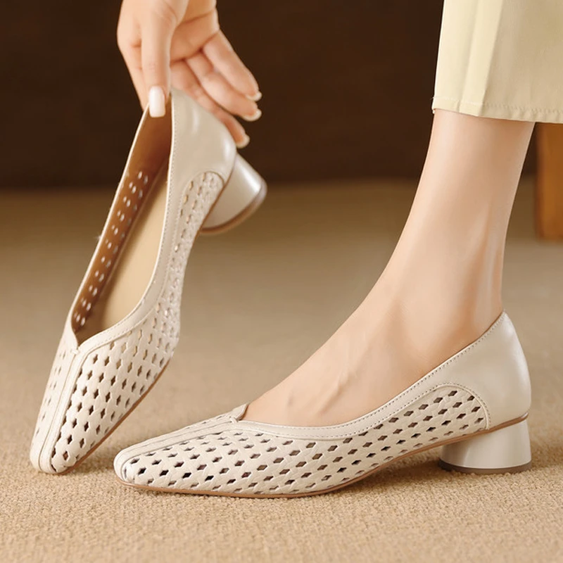 真皮法式镂空春夏女鞋子女款潮牌百搭小众鞋透气小方头浅口单鞋女