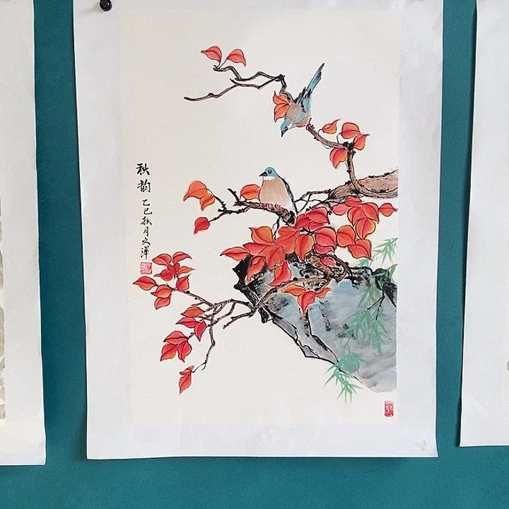 国画四尺三开手绘花鸟