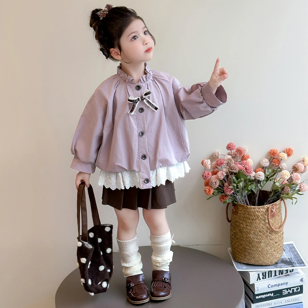女童外套秋装2025新款儿童时髦蕾丝花边开衫风衣女宝宝娃娃衫夹克
