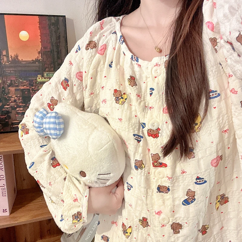 游艇黑皮Kitty睡衣女春秋季带胸垫泡泡棉长袖长裤薄款家居服套装
