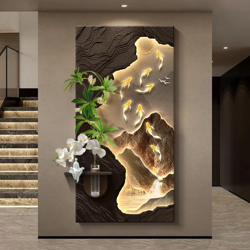 轻奢九鱼图玄关装饰画入户正对门挂画2025新款高级走廊过道壁画灯
