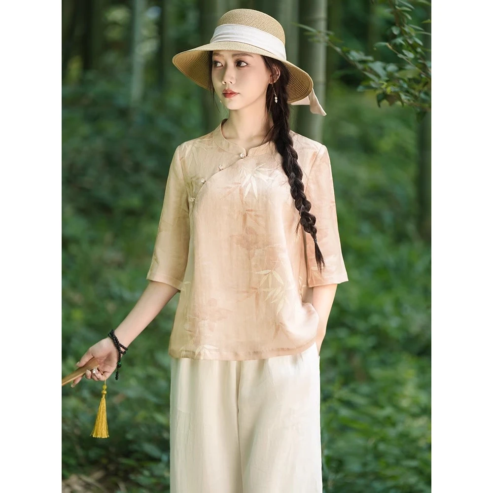 【茶芙巷】7353#新中式印花套头斜襟夏日宽松轻盈质感小衫【YJL】