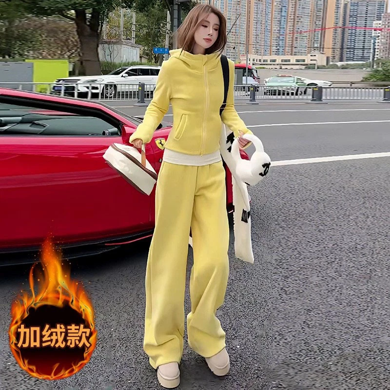 韩系一整套深冬穿搭减龄超火双面绒外套阔腿裤运动休闲两件套女
