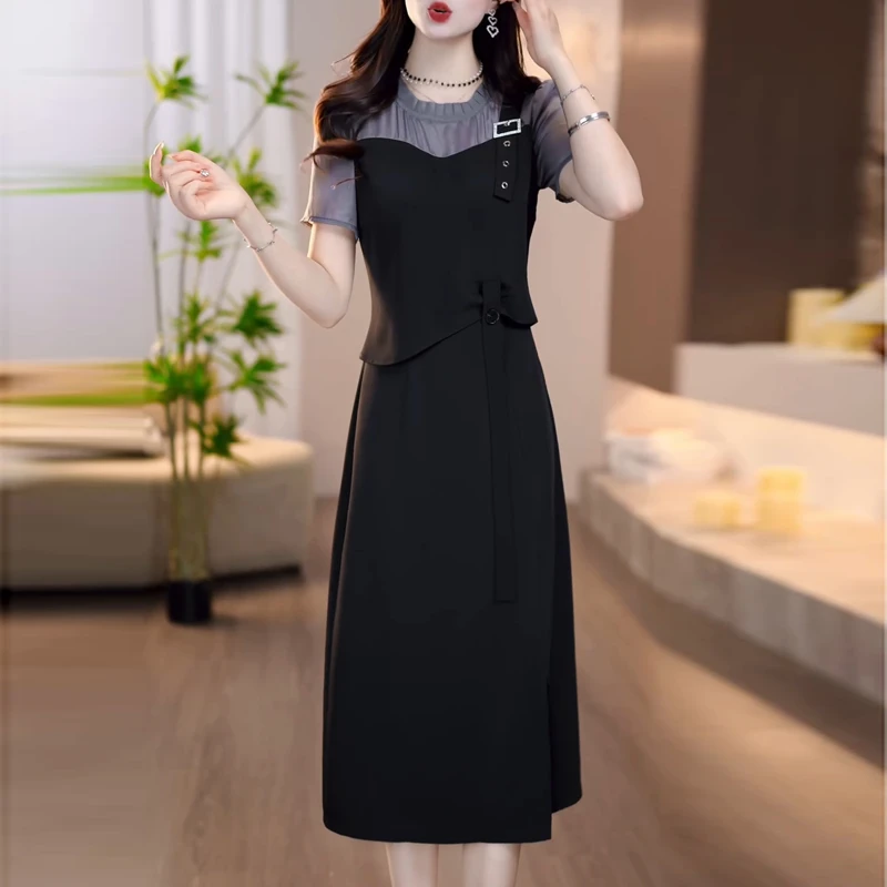 气质拼接连衣裙女2025年夏季新款中年妈妈修身显瘦减龄中长款裙子