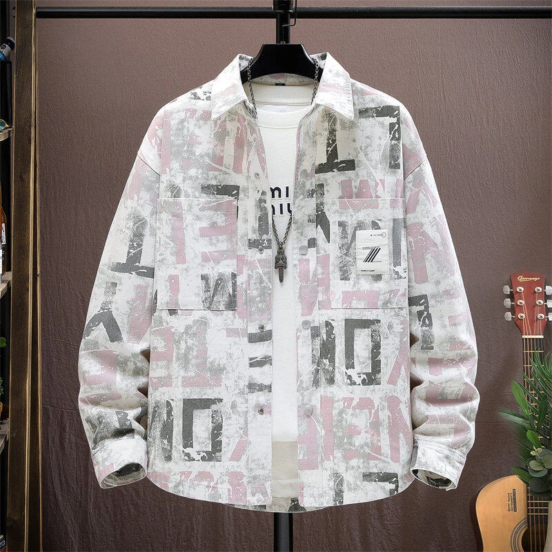 潮牌衬衣男长袖衬衣春季全棉潮流字母宽松休闲复古港风外套8526