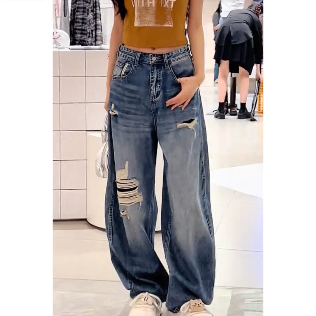 艾塔莉早秋女新款破洞牛仔裤阔腿高腰长裤牛仔裤水洗梨型身材显瘦