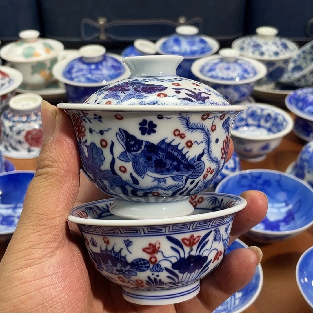 青花釉里红 鱼藻纹套装