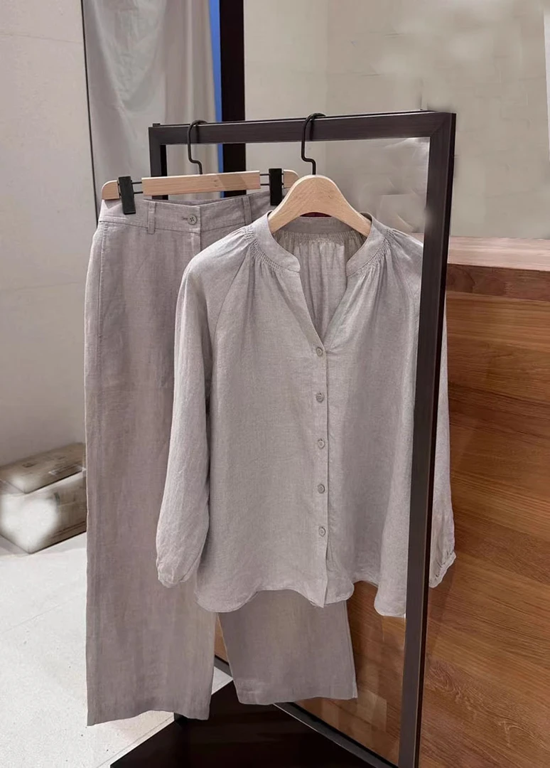 小禾同款2025夏季新款双雨露亚麻平纹布花式V领衬衫长袖上衣