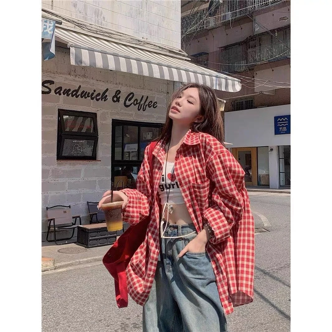 港式男友风大板型红格子长袖宽松版衬衣新款四季叠穿衬衫外套防晒