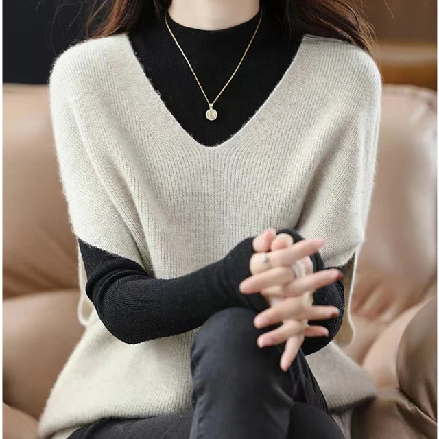针织马甲女春秋宽松羊绒毛衣背心蝙蝠袖羊毛衫V领坎肩外穿慵懒风