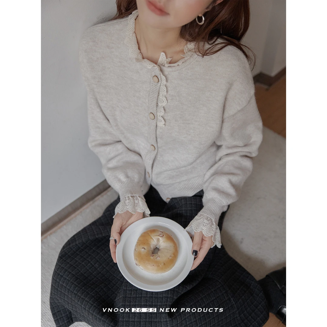 vnook重工花边短款开衫毛衣女冬设计感小众针织衫韩系慵懒风外套