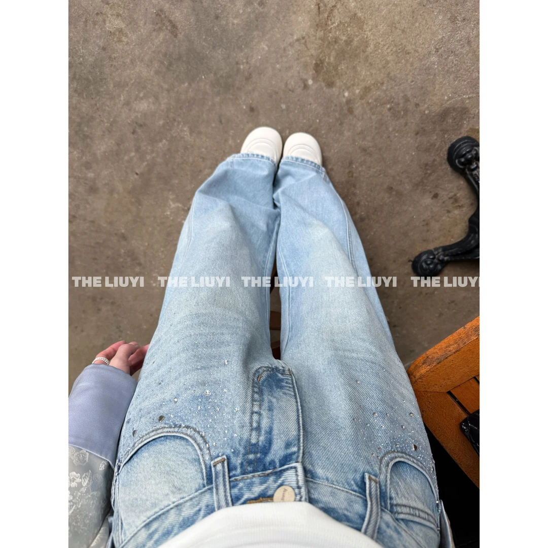 【LIUYI】钉钻牛仔~高腰烫钻牛仔直筒裤52139