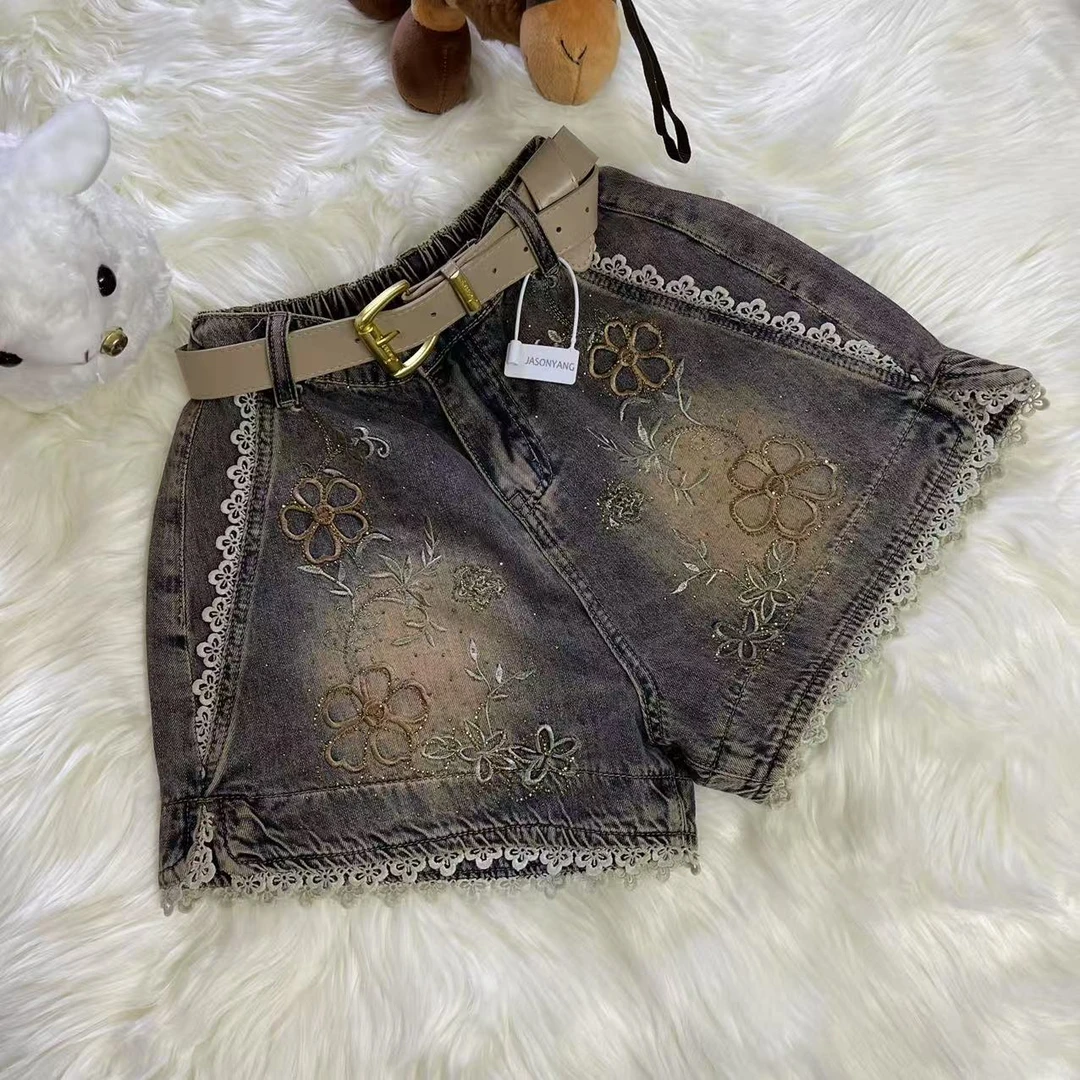 805夏季新款重工刺绣拼接弹力牛仔休闲短裤