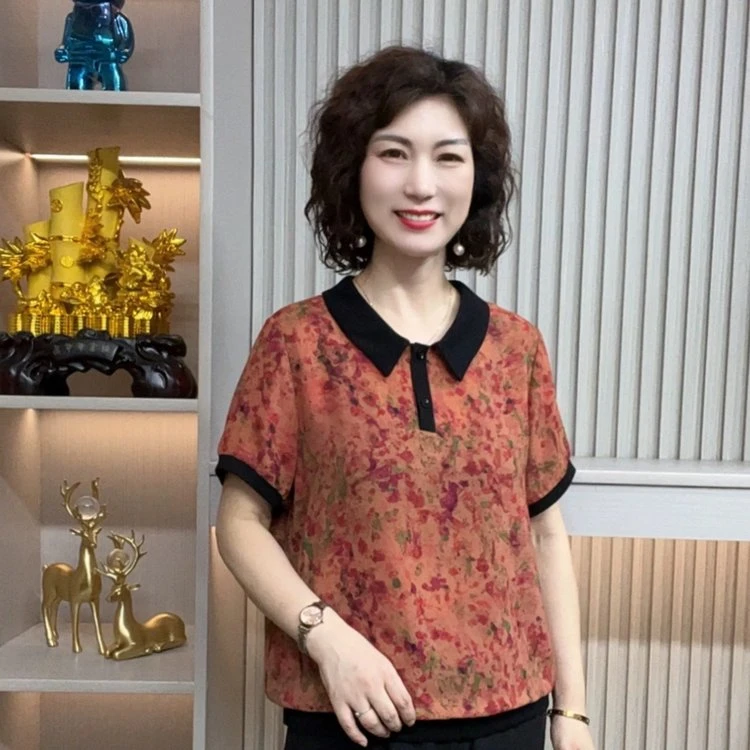 新款妈妈装短袖夏季中老年时尚百搭雪纺小衫潮牌休闲遮肉显瘦T恤