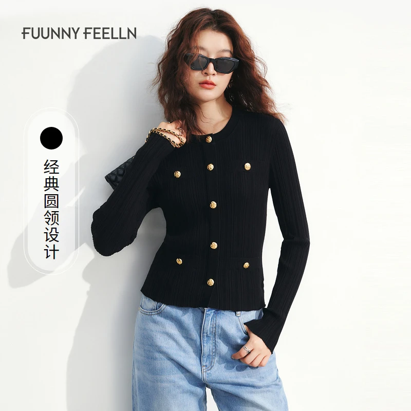 FF||仿佛秋季针织衫女薄款长袖黑色开衫上衣FZ01067