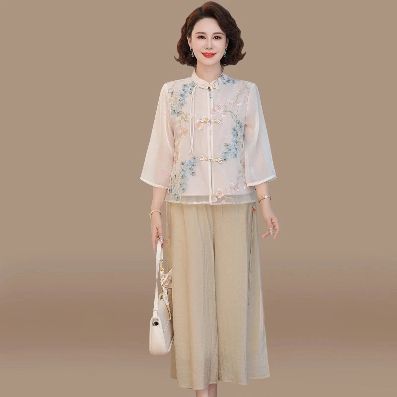 妈妈夏装套装新中式国风雪纺衫2025新款中老年春夏季七分袖上衣女