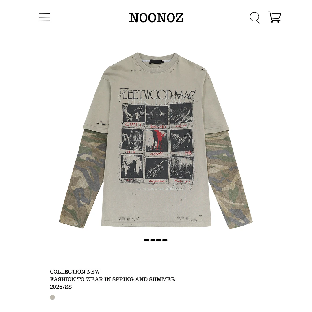 NOONOZ潮牌美式迷彩拼接假两件长袖T恤男新款嘻哈破洞情侣款上衣