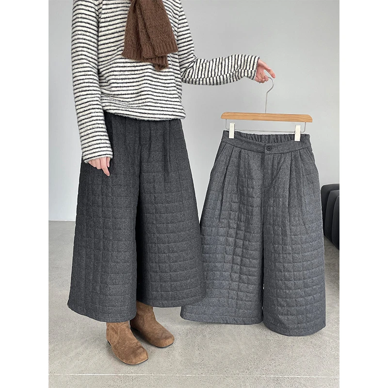 滔川韩系毛呢夹棉加厚格子八分阔腿裤女遮胯显瘦休闲裤X25970