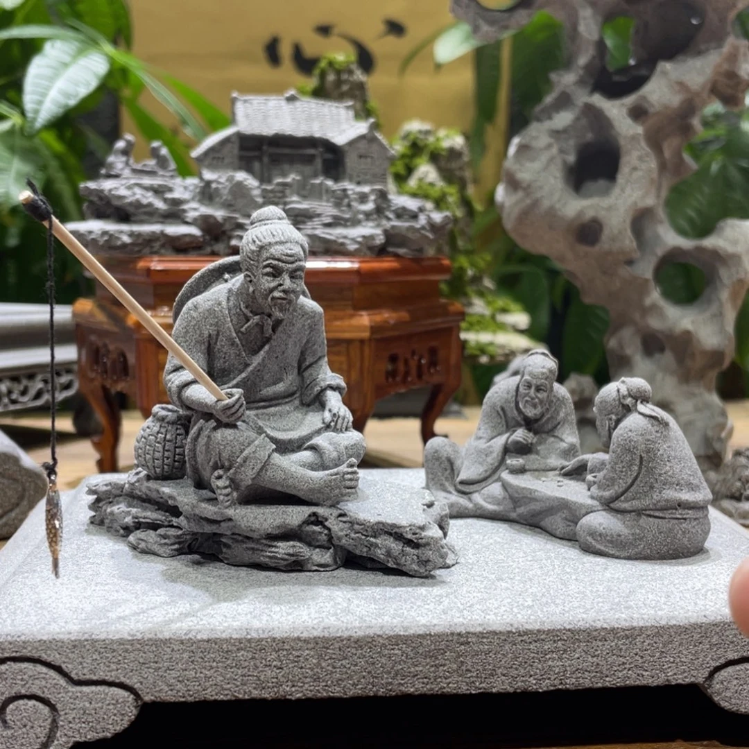 石材钓鱼一个下棋一个