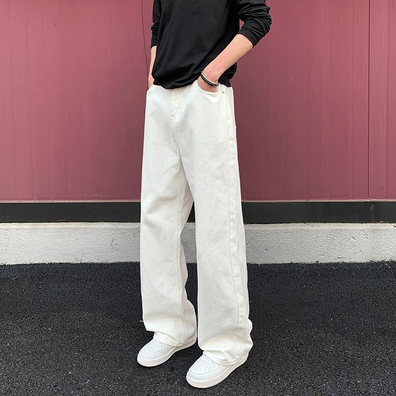 cleanfit白色牛仔裤男秋季水洗纯棉宽松美式复古显瘦微喇直筒裤子