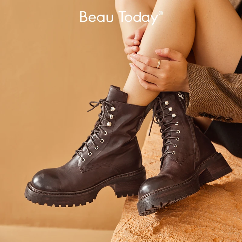 BeauToday【水洗马皮】复古马丁靴厚底时尚圆头系带中筒女骑士靴子