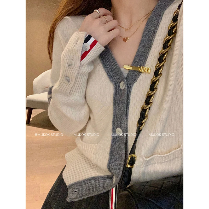 MUKOK费尔日落~高级感设计撞色羊毛针织开衫女秋英伦气质百搭毛衣