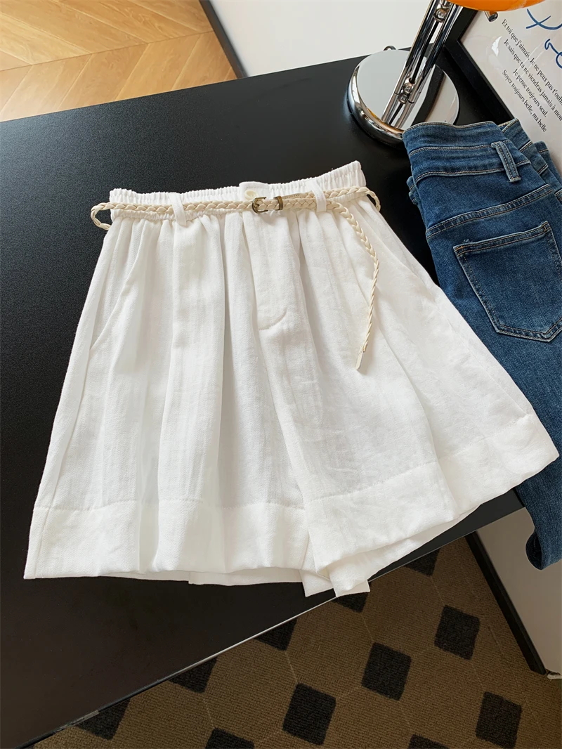 温婉大方衣服慵懒风松弛感白色高腰休闲阔腿短裤洋气衣服女直筒裤