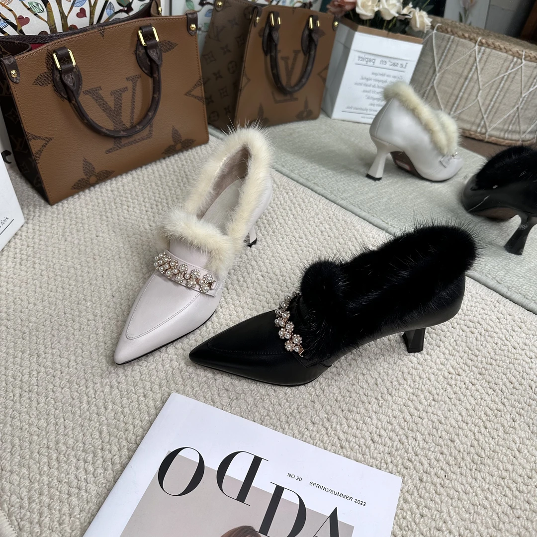 8879细跟毛毛鞋牛皮6cm/33-40/秋冬尖头高跟百搭水貂毛单鞋