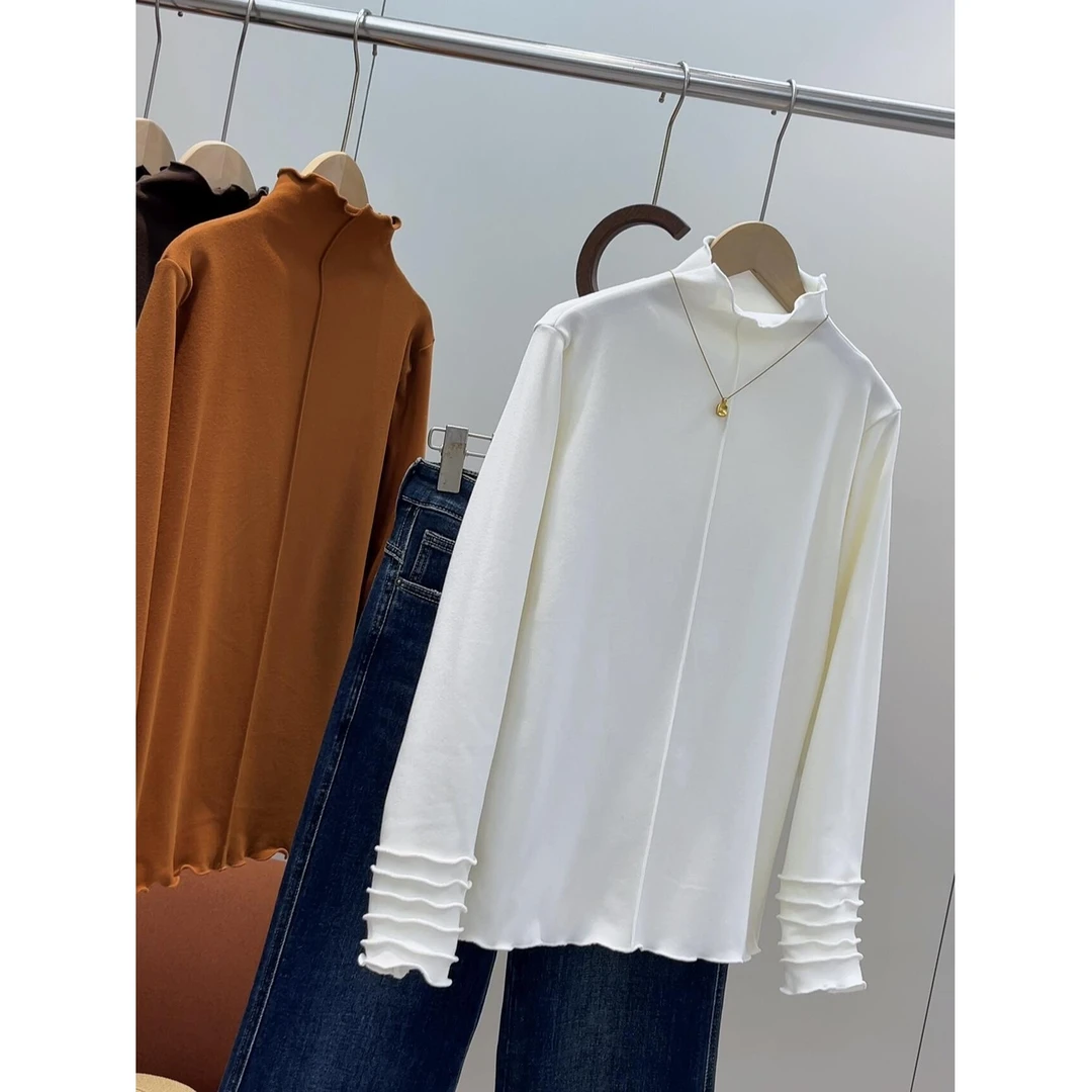 设计款高领木耳边针织衫女秋季新款修身显瘦薄款百搭长袖上衣