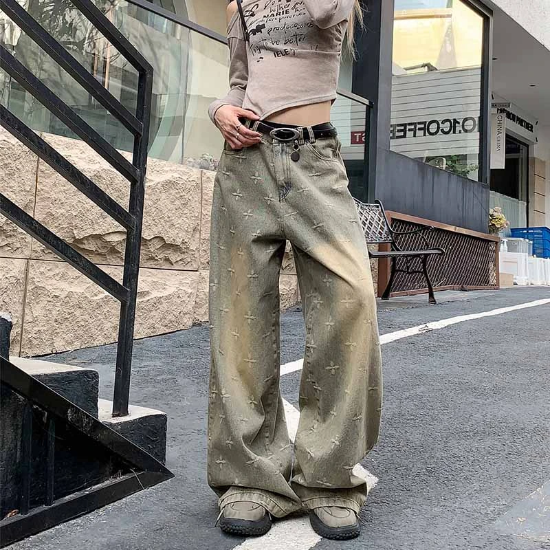 复古重工十字星满印设计牛仔裤女2025新款宽松水洗做旧直筒阔腿裤