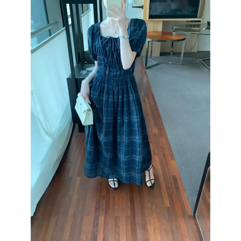 【NO退NO换】韩系复古茶歇泡泡袖格子连衣裙8863  裙长118