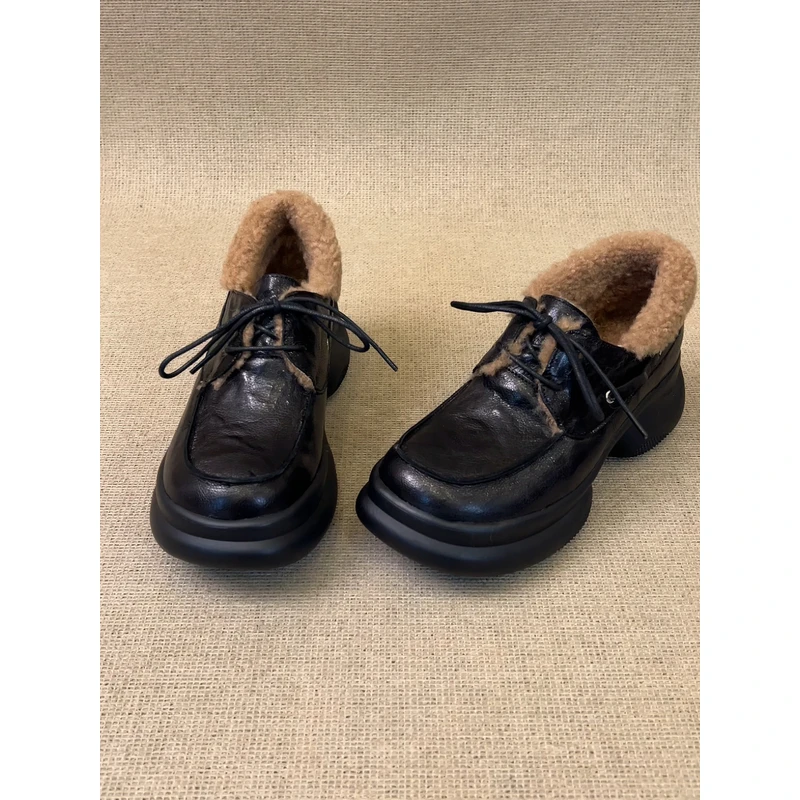 nnmiss/5cm复古英伦风厚底深口系带羊羔绒拼接手抓纹保暖单鞋