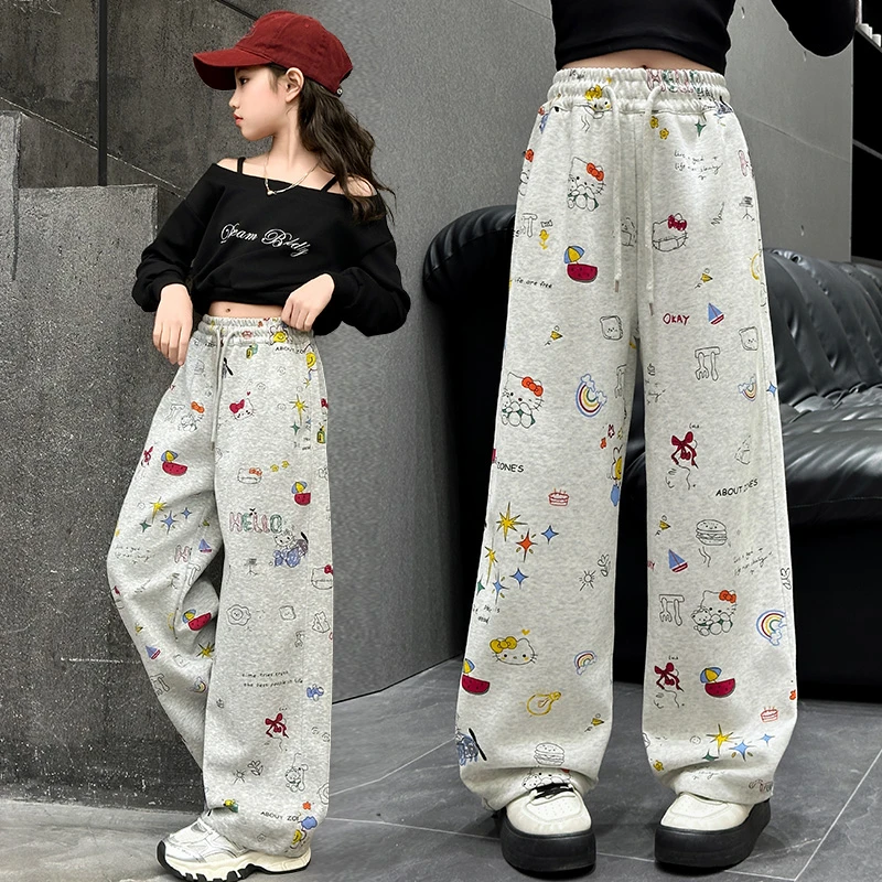 女童春秋裤子2025洋气小女孩卡通猫涂鸦阔腿裤儿童休闲运动卫裤潮