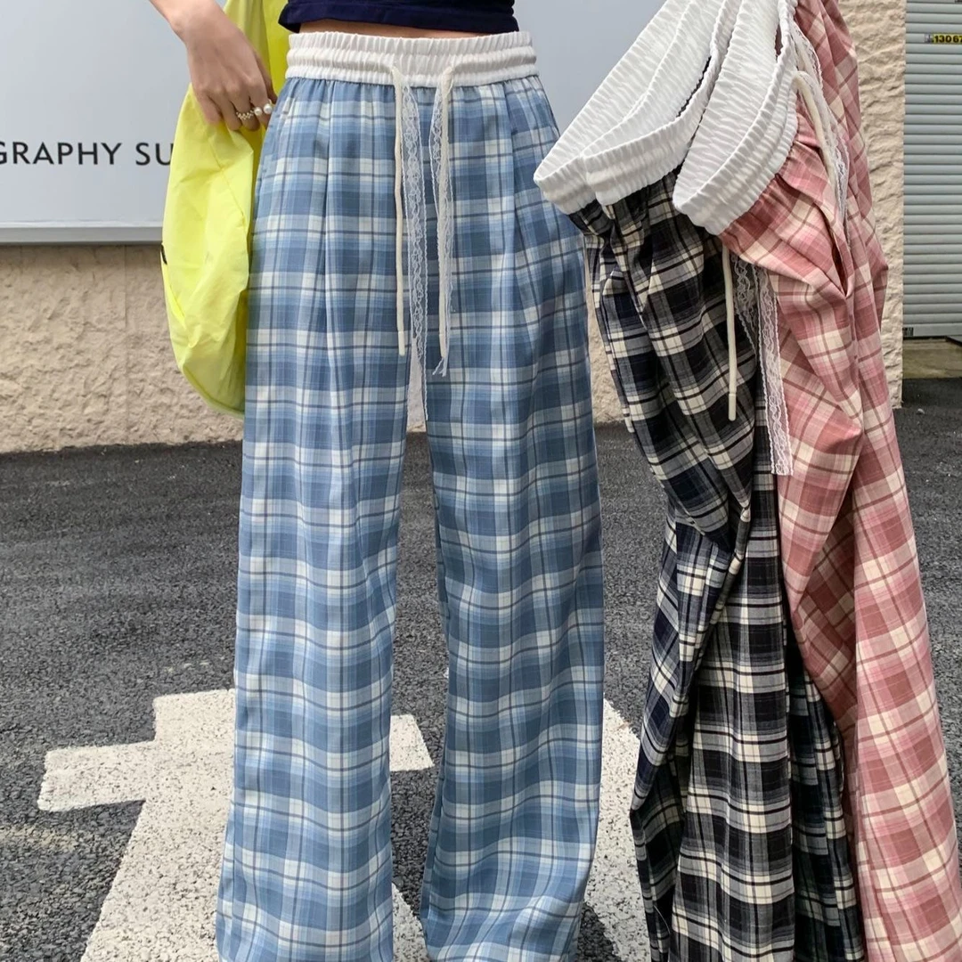 【夏季新款】蕾丝抽绳格子阔腿裤女高腰显瘦休闲裤百搭薄款格子裤