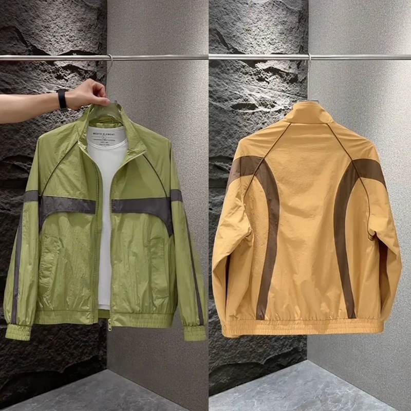 春夏新款立领外套男士2025潮流宽松条纹拼接上衣青年户外休闲夹克