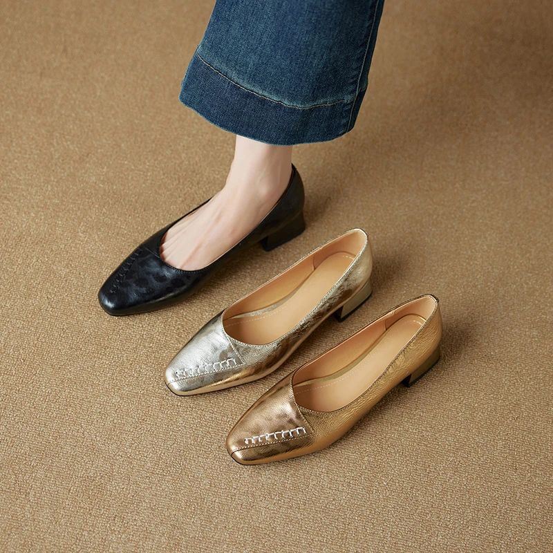 羊皮3公分/春季新款真皮复古方头中跟单鞋优雅气质粗跟浅口女鞋