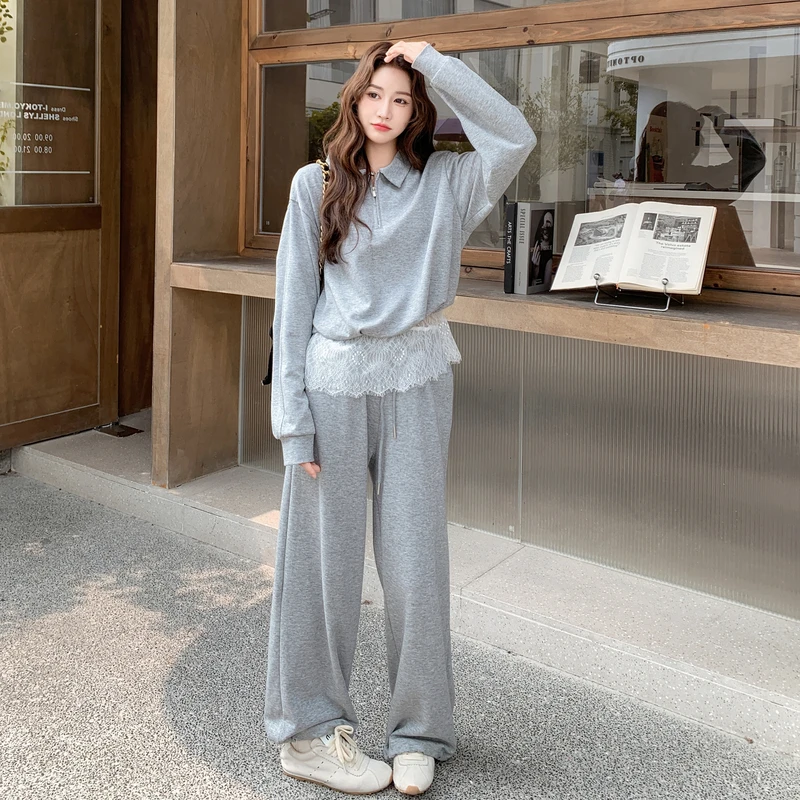 灰色蕾丝拼接休闲卫衣套装2025新款女春秋小众高级感阔腿裤两件套