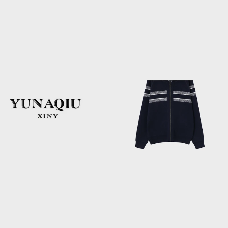 YUNAQIU时尚女士两面穿早春款撞色连帽针织开衫外套-3113