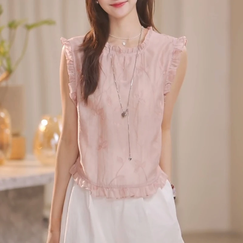 复古圆领木耳边小衫女款衬衫夏季新款宽松修身气质设计感短袖上衣