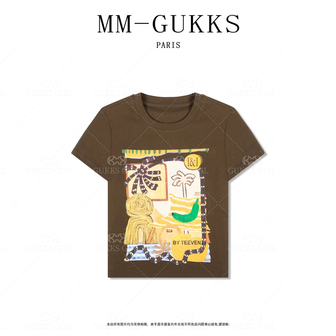 明明GUKKS『星与海』夏季设计感度假风时尚印花百搭短袖t恤-T2252