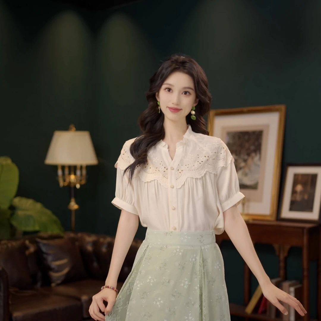 琦琦【观上月白】温柔衬衣休闲百搭短袖衬衫女夏季上衣YE0706573