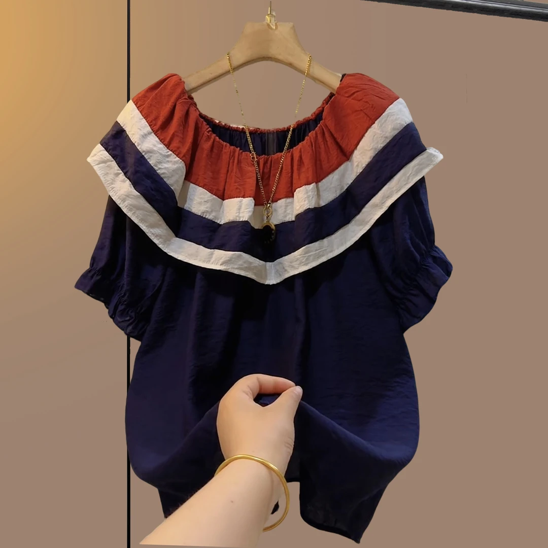 夏季大码女装胖妹妹遮肉显瘦宽松蓝色法式上衣大衫休闲百搭短袖