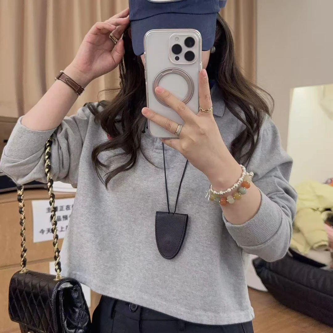 13371余小鱼【灰色系】灰色POLO领三粒扣饮料字母印花长袖T恤女装