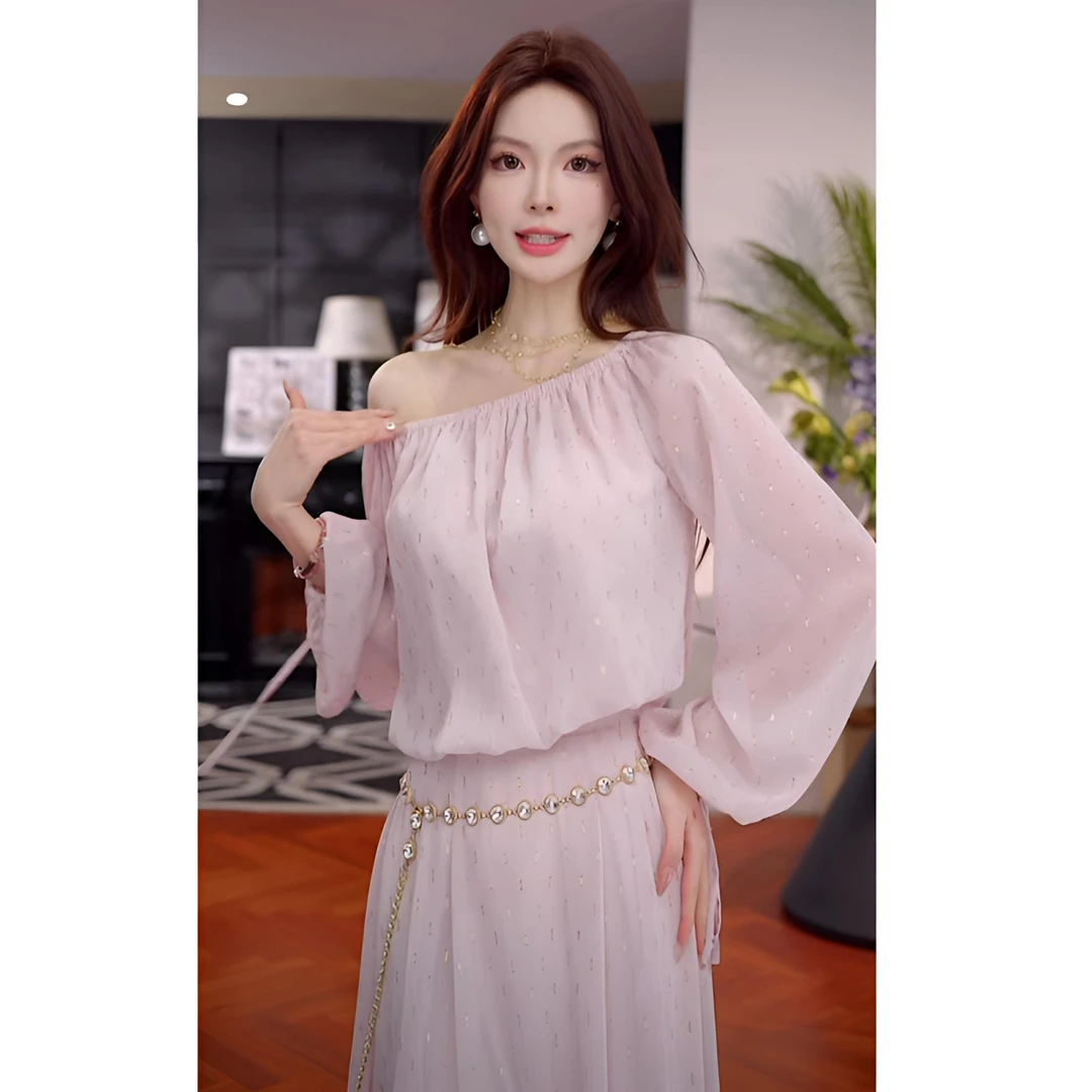 【人间仙女】温柔风碎钻一字肩高腰长裙名媛气质套装