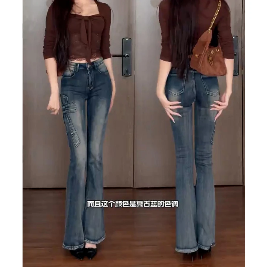 2025秋冬新款加绒牛仔裤女纯欲辣妹风高腰紧身显瘦蝴蝶结喇叭裤